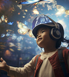 A toddler with East Asian features, exploring a virtual reality playground with a look of amazement as she interacts with digital butterflies. The blend of traditional clothing and advanced technology showcases a harmonious future. Realistic, cinematic photo, photography, cinematic tones --ar 16:9 --v 5.2 Job ID: c9c96603-9aba-4f42-b7f3-34a97ff14d74