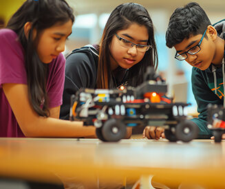 Three students work together to build a robot.